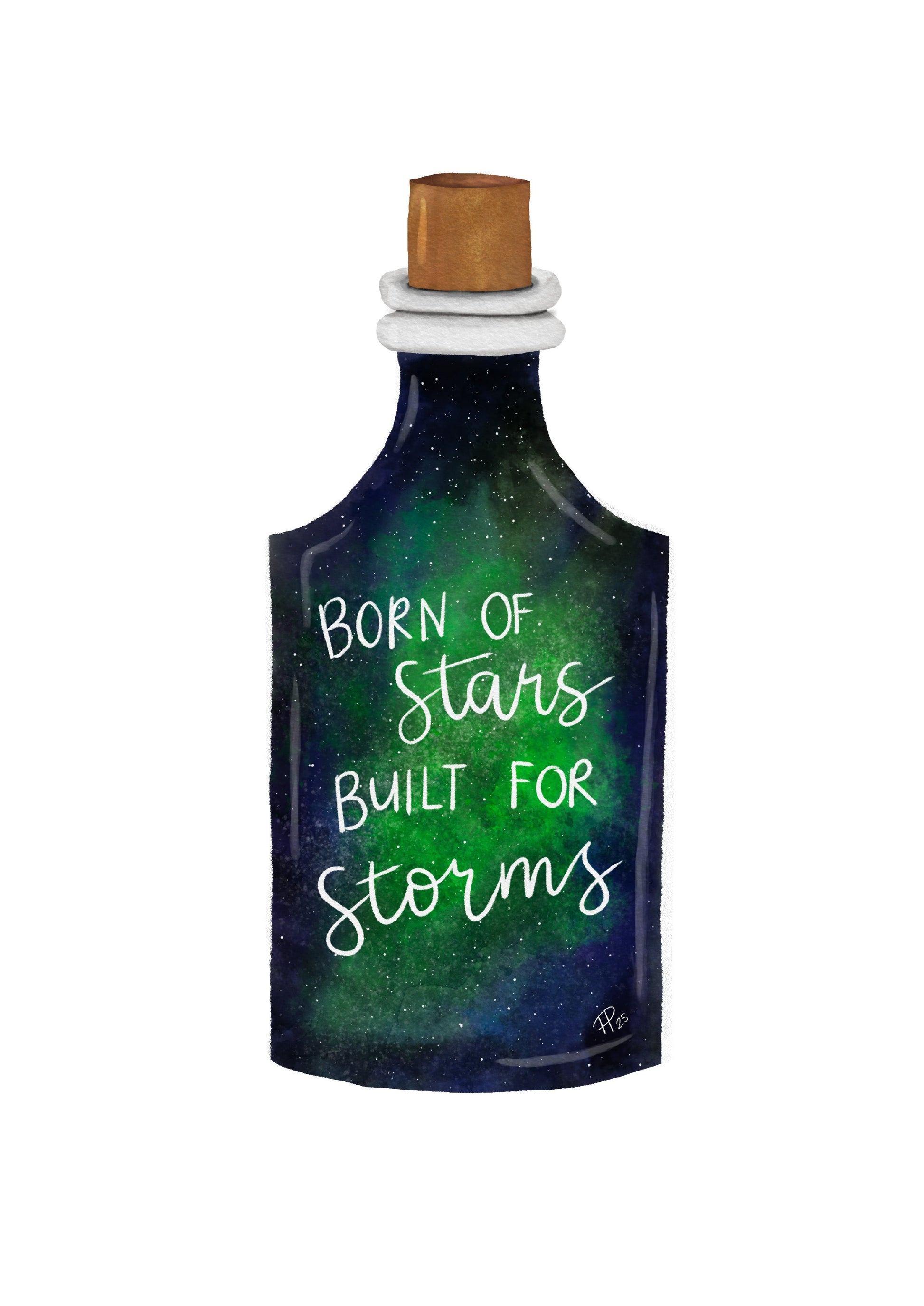 Born of Stars 10cm Sticker — Green Watercolour Galaxy Potion Bottle