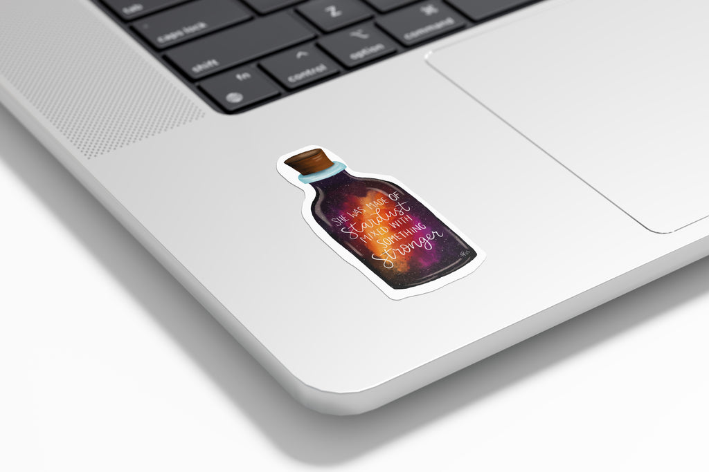 Stardust & Strength 10cm Sticker — Orange and Pink Watercolour Galaxy Potion Bottle